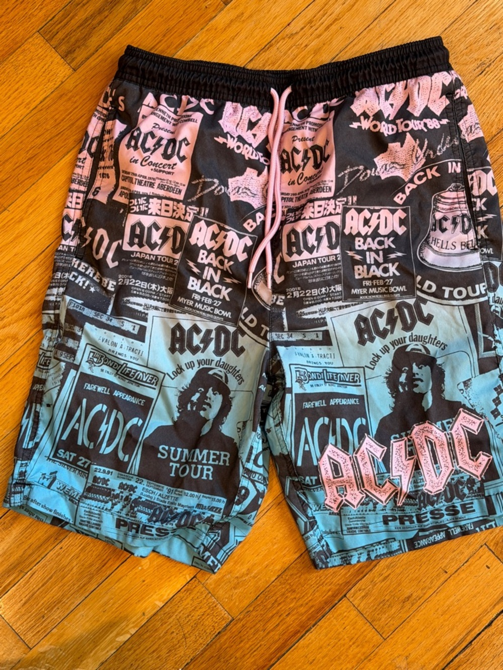 AC/DC Ombre Poster-Print Swim Shorts in Black, Pink, Teal